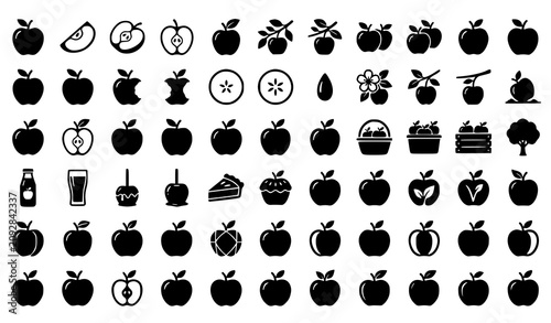 Bild auf Leinwand Apple orchard icon set black silhouette fruit and tree graphics