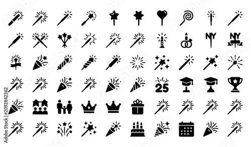 Celebration icons collection fireworks party supplies and achievement symbols