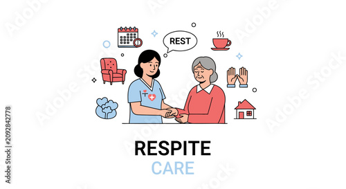 Фотография Line art illustration showing a caregiver comforting an elderly woman, symbolizing respite care