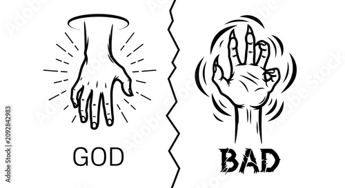 Obraz na płótnie Conceptual black and white illustration contrasting a divine or holy hand with a monstrous or evil hand, representing the duality of good and bad, isolated on a white background