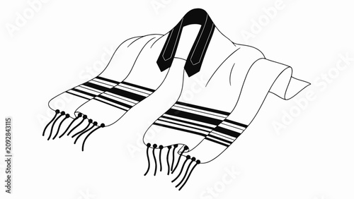 Cuadro en lienzo Black and white vector illustration of a Tallit, a traditional Jewish prayer shawl with stripes and fringes, isolated on a white background