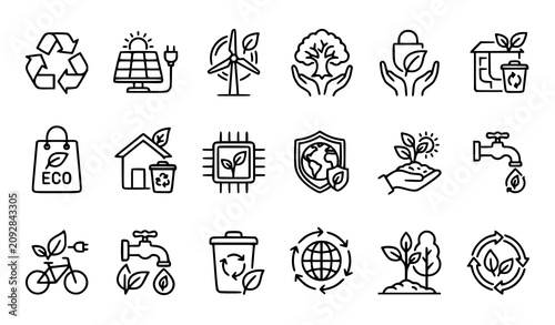 Eco friendly line icons set sustainability renewable energy and recycling concepts