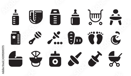 Bild auf Leinwand Set of black baby icons including baby bottle carriage rattles and footwear silhouettes