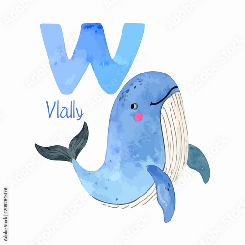 Watercolor Whale Illustration with Letter W and Wally Text for Childrens Alphabet Learning.