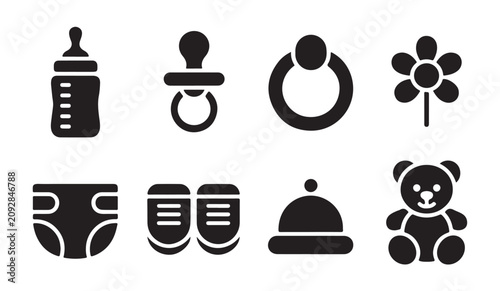 Tableau sur toile Baby items icons for newborns including bottle pacifier ring flower diaper