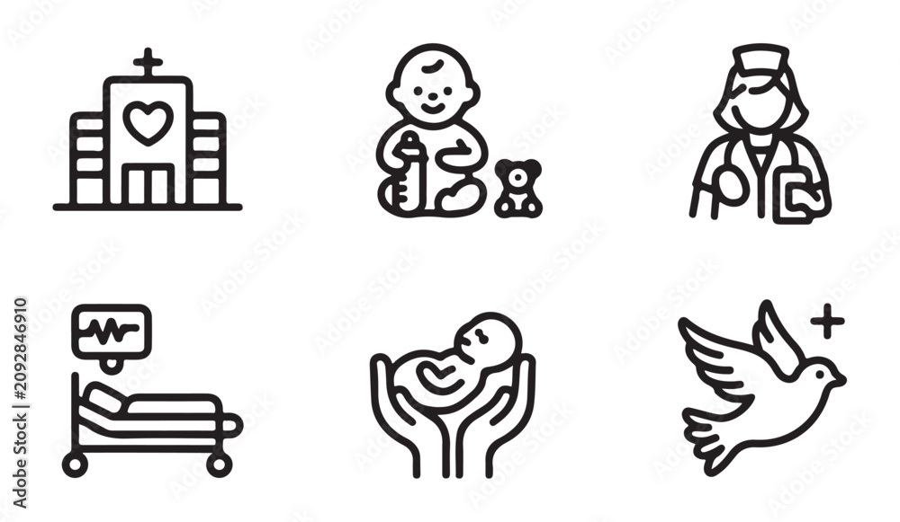 Fototapeta premium Medical and care icons for babies and children, ideal for pediatric and hospital designs.