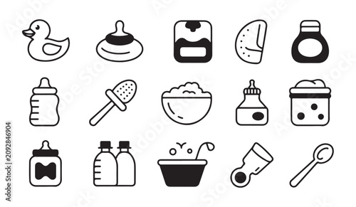 Fotografía Newborn feeding and bath time accessory outline icons for baby care and hygiene products