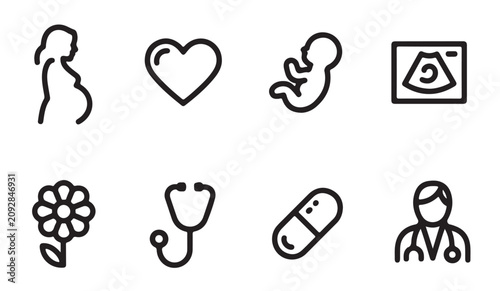 Foto Set of baby and pregnancy healthcare line icons featuring maternal care and medical tools