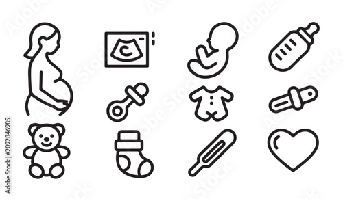 Collection of maternity and infant care thin line icons for pregnancy and baby products.