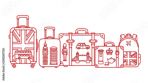 Fotografía London Travel Icons on Suitcases: Big Ben, Red Bus, Union Jack, UK Symbols