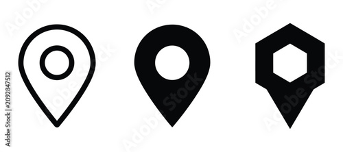 Map location pin markers icons for navigation and geo targeting in minimalist graphic style with location, navigation