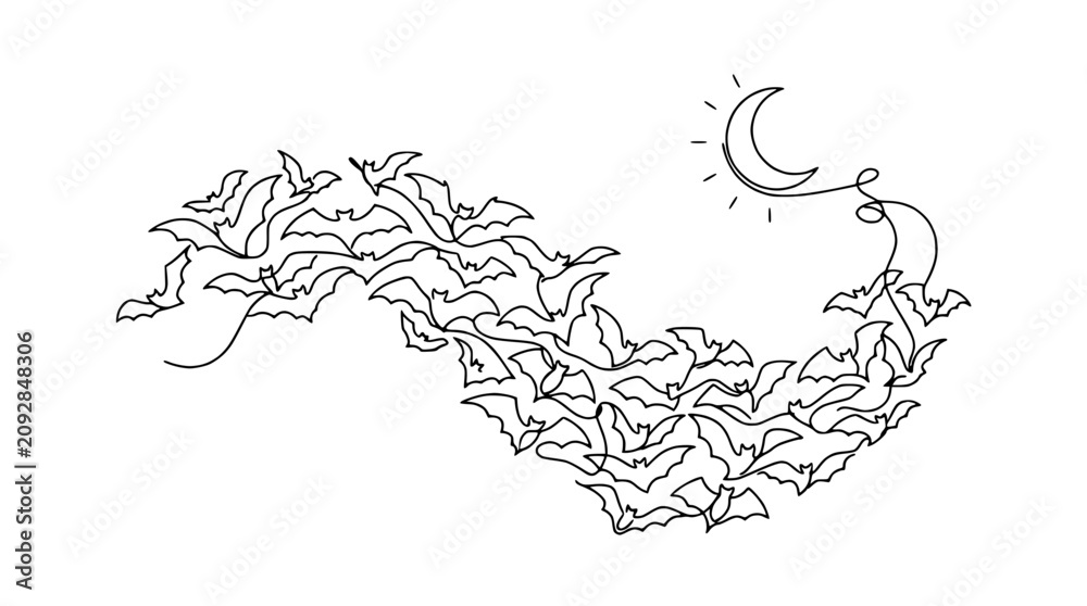 Obraz premium Whimsical Bat Swarm Silhouette Flying Towards Crescent Moon - Line Art