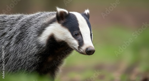 Close up portrait of a wild badger in nature.