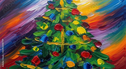 Colorful Abstract Christmas Tree Painting with Vibrant Brushstrokes.