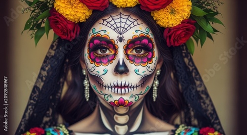 Colorful Day of the Dead Sugar Skull Makeup Portrait.