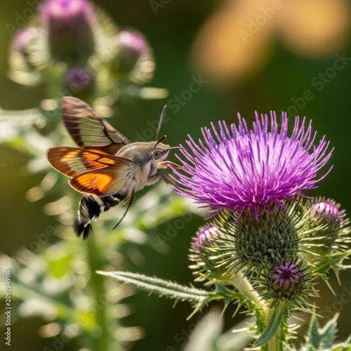 Colorful Hummingbird Moth Feeding on Purple Thistle Flower.