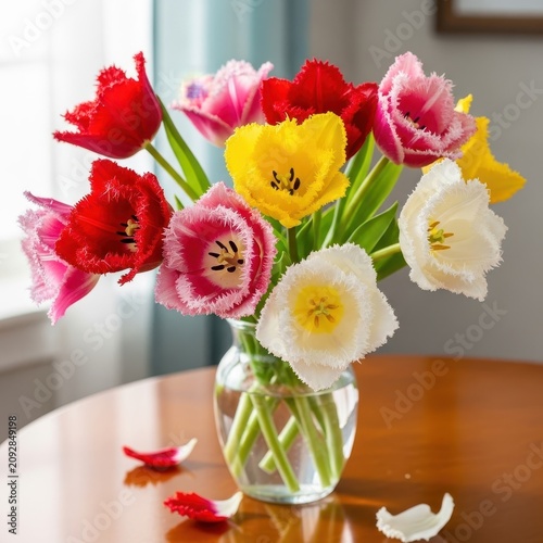 Colorful tulip bouquet in glass vase on wooden table.