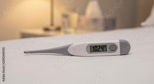 Digital thermometer displaying high fever temperature on white surface.