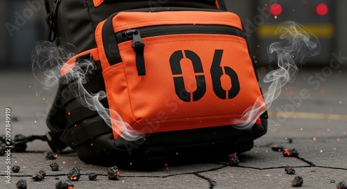 Explosive orange backpack with number 06 on cracked ground.