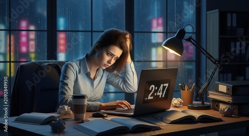 Exhausted woman working late at night on laptop.