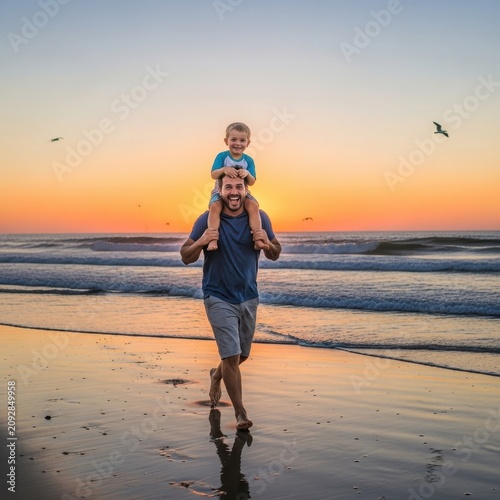 Father and child walking on beach at sunset.