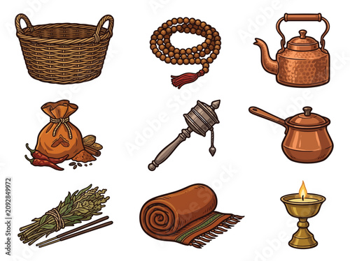 Konstfotografi Himalayan Cultural Market Items Including Woven Basket, Wooden Prayer Beads, Ham