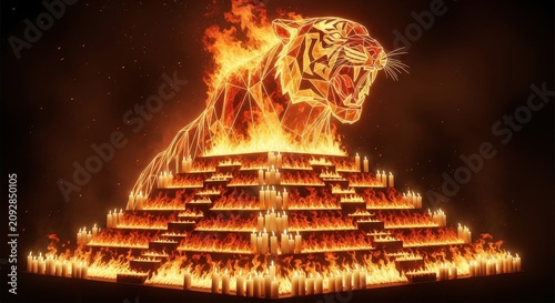Fiery Tiger Head Above Pyramid of Flames.