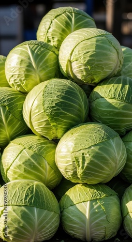 Fresh Green Cabbage Heads Stacked at Market Stall.