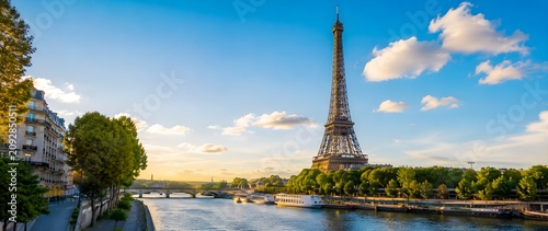 Ultra-realistic panoramic cityscape of Paris, France, featuring the iconic Eiffel Tower overlooking the Seine River during golden hour. A peaceful and beautiful urban landscape with classic French.