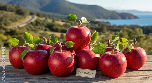 Fresh red pomegranates on wooden table with sea view.