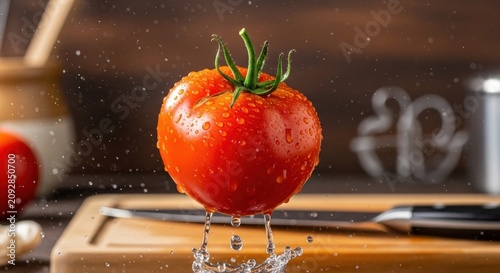 Fresh red tomato splashing water on wooden cutting board.