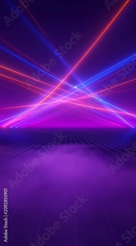 dynamic red and blue laser light show in a dark tunnel with neon grid floor, electronic music stage atmosphere, nightlife visuals
