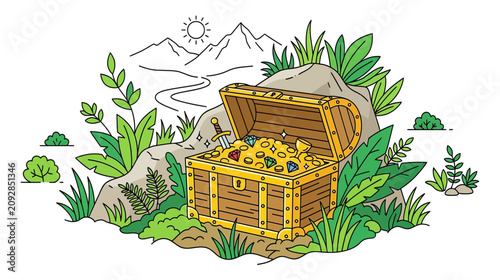 Εκτύπωση καμβά Treasure Chest Overflowing with Gold Coins and Jewels in a Lush Natural Setting