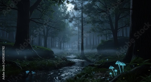 Mystical Forest Stream in Moonlight with Glowing Mushrooms.