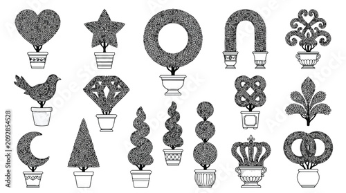 Bild auf Leinwand Vintage topiary garden icons set, 16 black and white ornamental shrubs in pots,