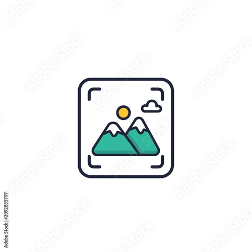Simple Mountain Landscape Icon with Sun and Cloud.