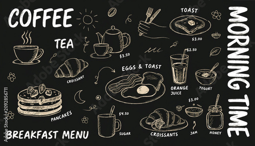 Breakfast menu board with coffee and food illustrations hand drawn on chalkboard