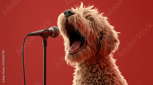 A joyful dog singing into a microphone against a vibrant red background, showcasing its playful personality.