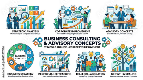 Business professionals engaged in strategic analysis and advisory concepts at office