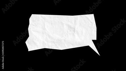 Stop motion animation of a crumpled white paper speech bubble with torn edges on a black background