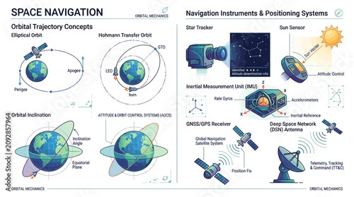 Space navigation systems illustrate orbital trajectory concepts with various instruments.