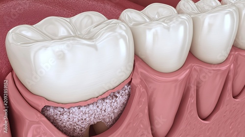 3D Render of Dental Implants or Bone Grafting Process Showing Granular Filling Material in Tooth Root