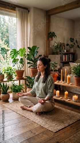 Woman meditating peacefully in a cozy room filled with plants and lit by candles