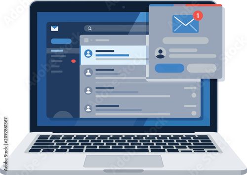 Laptop showing email inbox interface with message notification popup on screen digital communication concept workspace flat vector design.