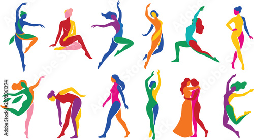 Set of colorful silhouettes depicting various female dance poses with abstract geometric patterns isolated on transparent background for art.