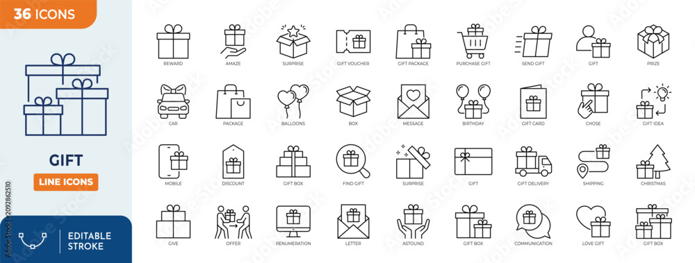 Fototapeta premium Gift line editable icon set. Containing gift, surprise, award, offer, birthday, bonus, Christmas, discount and more. Editable stroke. Vector illustration