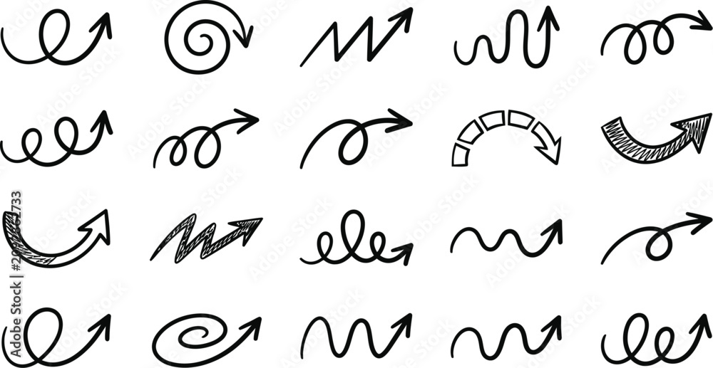 Obraz premium Black hand drawn arrow doodles collection with diverse shapes and sketch styles for pointing navigation and decorative design elements bundle.