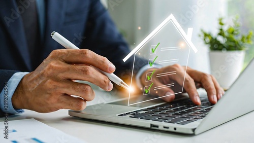 Businessman using laptop with digital house approval and real estate concept