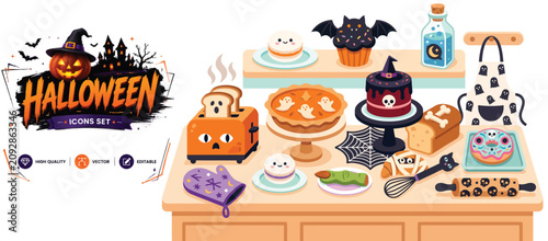 Set of 13 flat icons related to halloween, food - collection of toast, cupcake, potion, pie, cake, spider web, bread, donut, apron vector elements