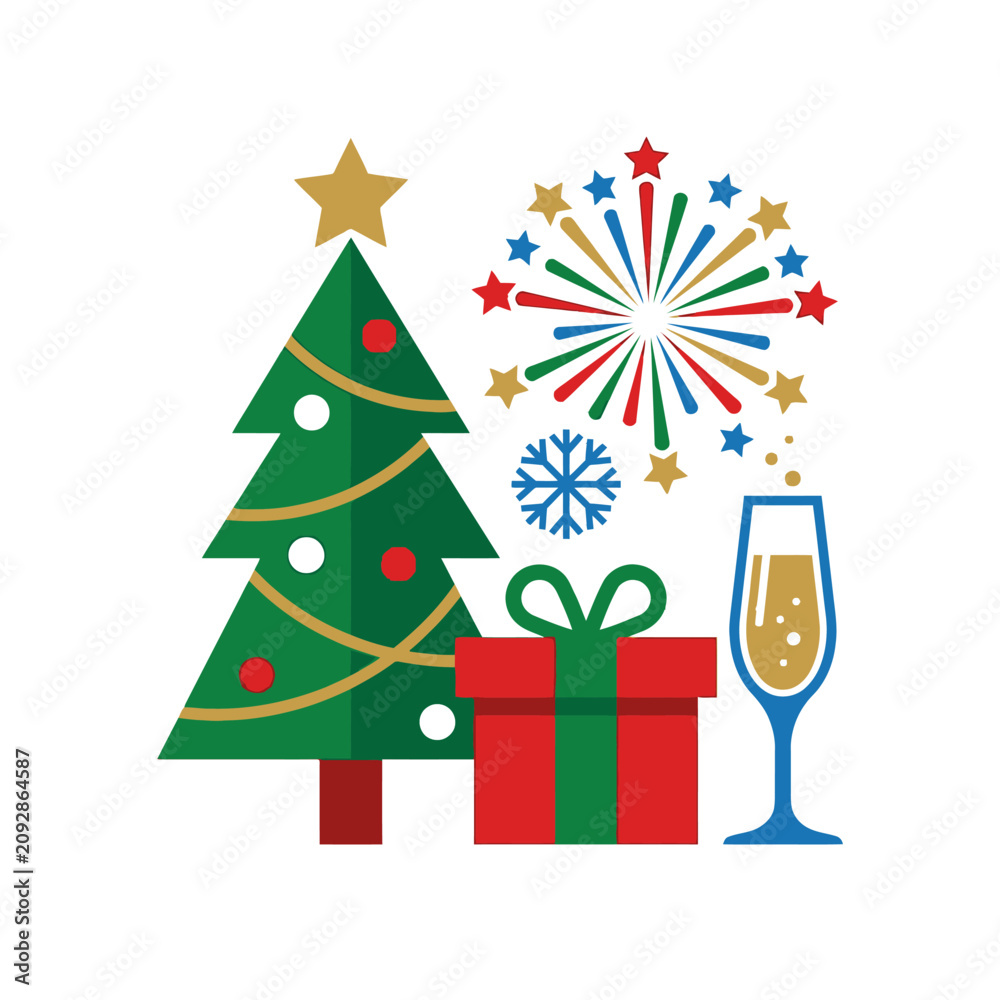 Naklejka premium Flat vector illustration of Christmas tree, gift box, champagne glass and fireworks